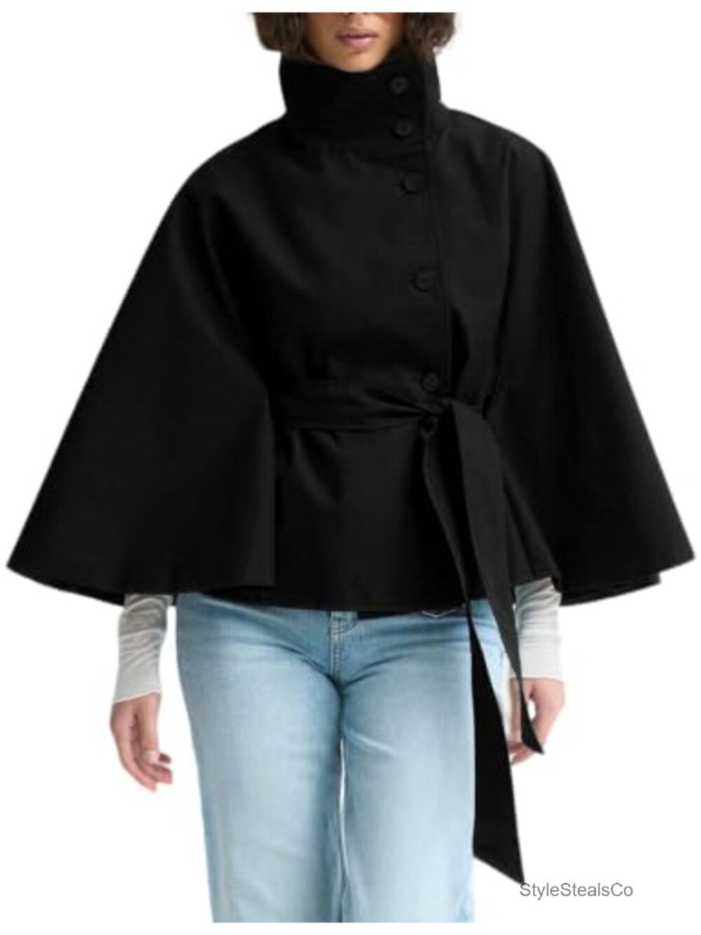 Women's Cropped Trench Coat Batwing Sleeve Cape Jacket with Belt